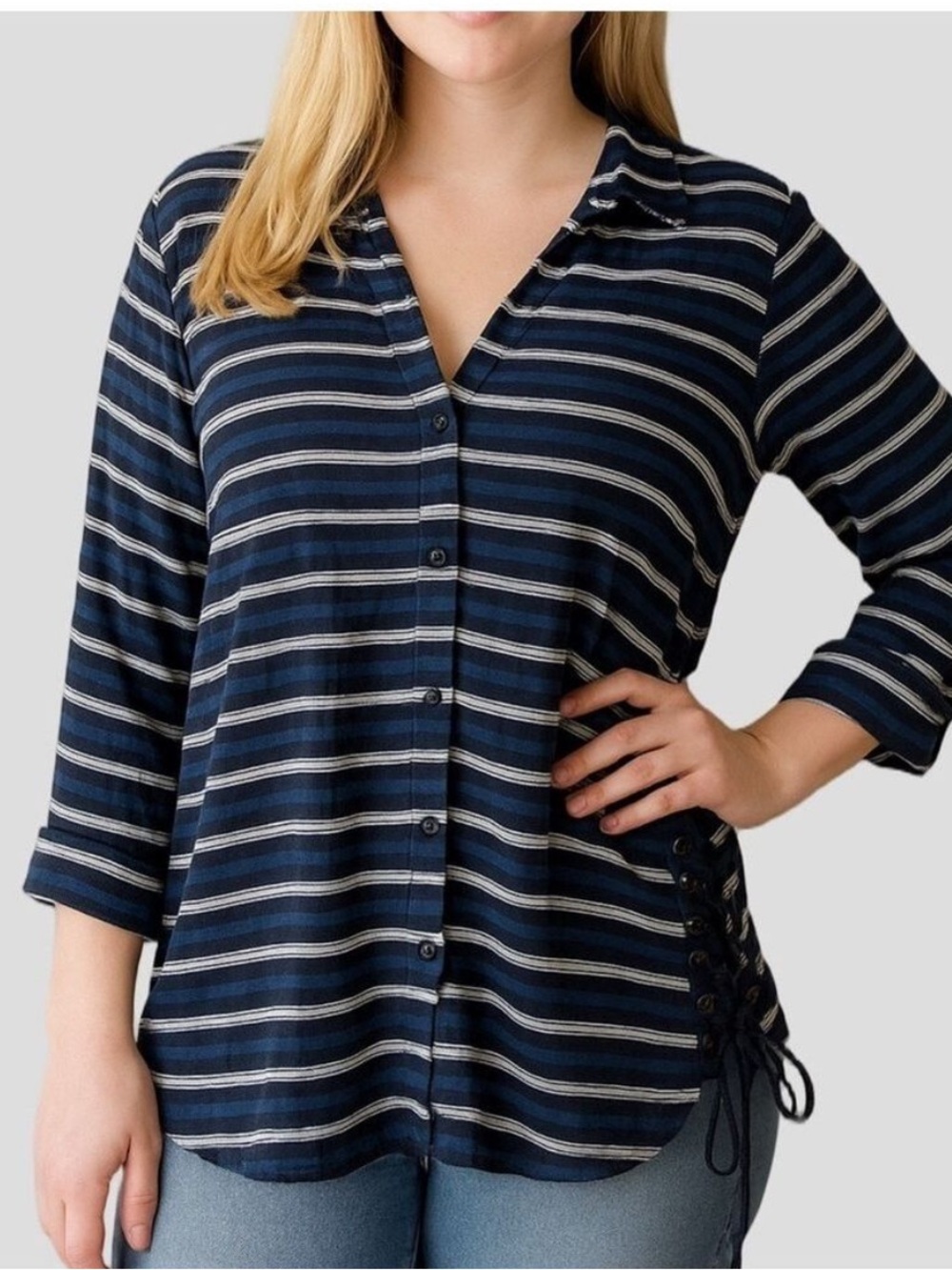 Penningtons Plus Size X Long Sleeve Striped Blouse Corset Lace Hips